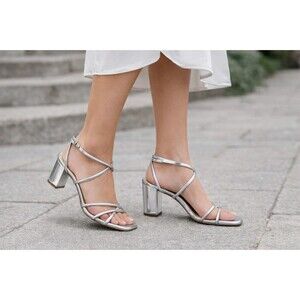 Size 10.5 ShunBo metallic silver strappy block heel sandals